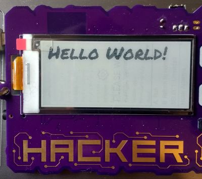 Hello World, on a Hacker Hotel 2019 badge.